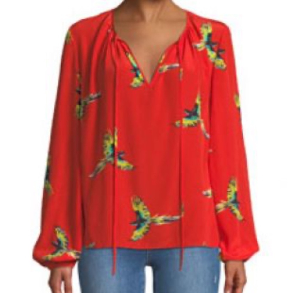 Diane Von Furstenberg SILK BIRD-PRINT LONG-SLEEVE BLOUSE IN RED